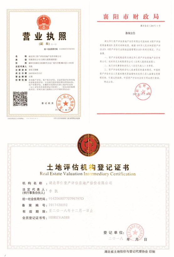 華仁資產評估房地產估價有限公司營業執照、資產評估備案公告、土地評估機構登記證書.jpg
